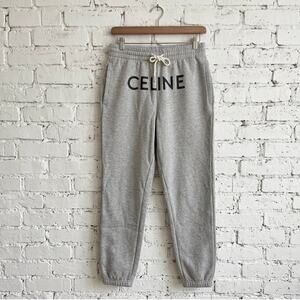 CELINE Quiet Luxury Cotton Fleece Logo Lounge Sweatpants Joggers Gray Size S